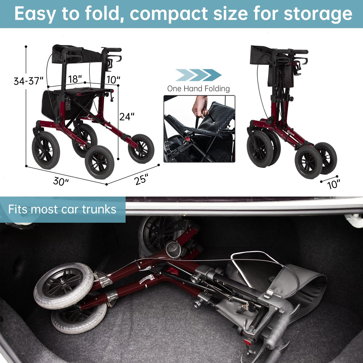 All-Terrain Rollator Walker with 12” Front Wheels, Compact Folding, Red H93587