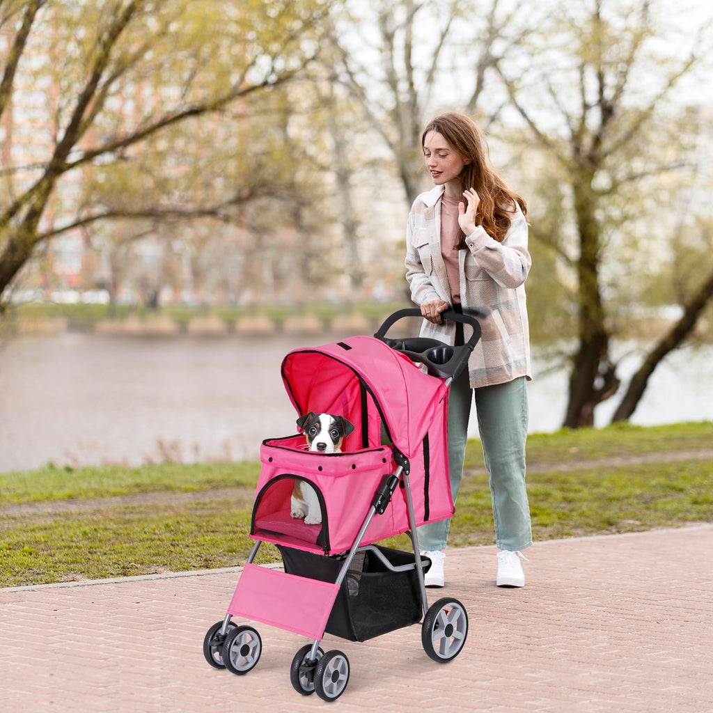 Foldable Pet Stroller with Waterproof Cover, Pink Y6981