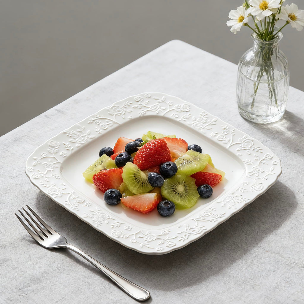 Ceramic Square Dinner Plates Set of 4, 10 & 12 Inch Embossed Salad Plates B28456