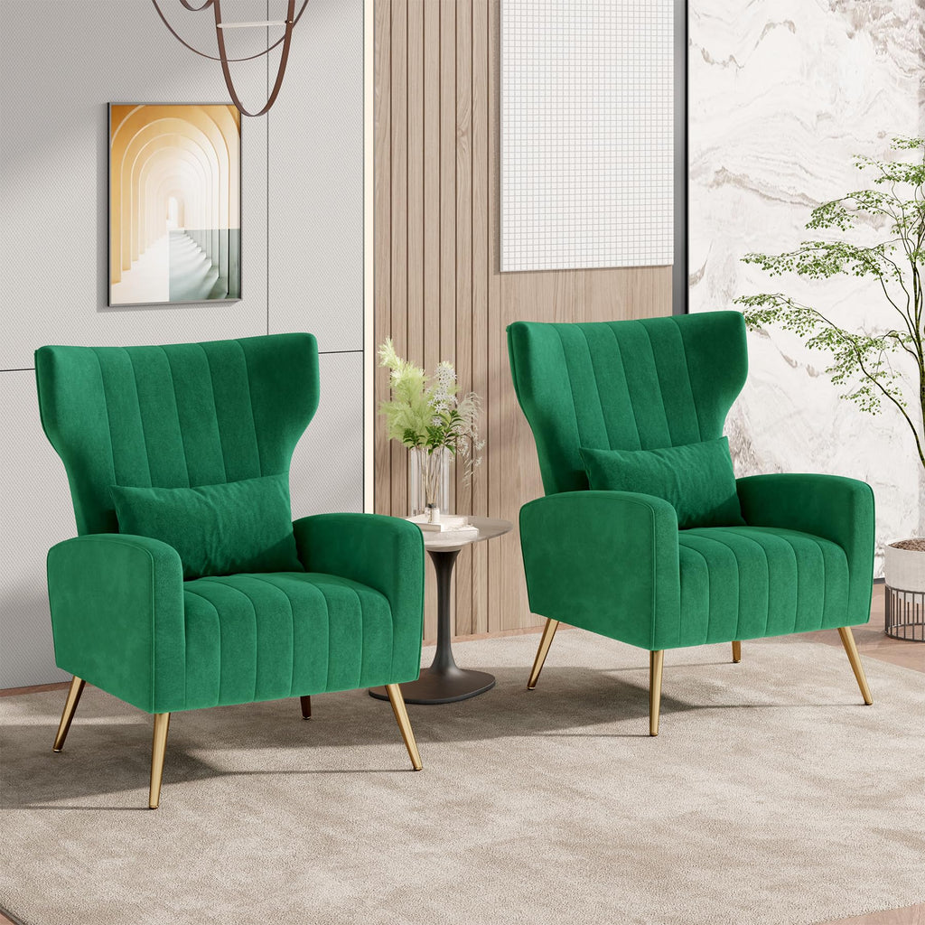 Velvet Accent Chairs Set of 2 High Back Armchair with Lumbar Pillow Green Q8917