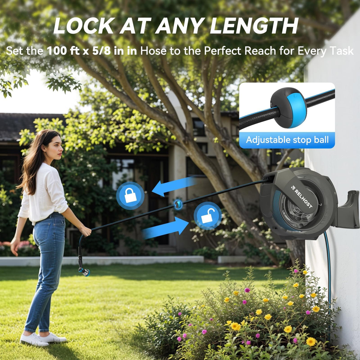 Retractable Garden Hose Reel, 5/8 in x 100 ft Wall Mount Heavy Duty with 10-Pattern Nozzle, Dark Grey N2044