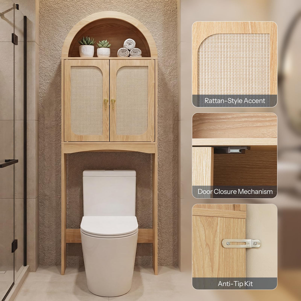 Arched Rattan Over the Toilet Storage Cabinet with Doors K759455