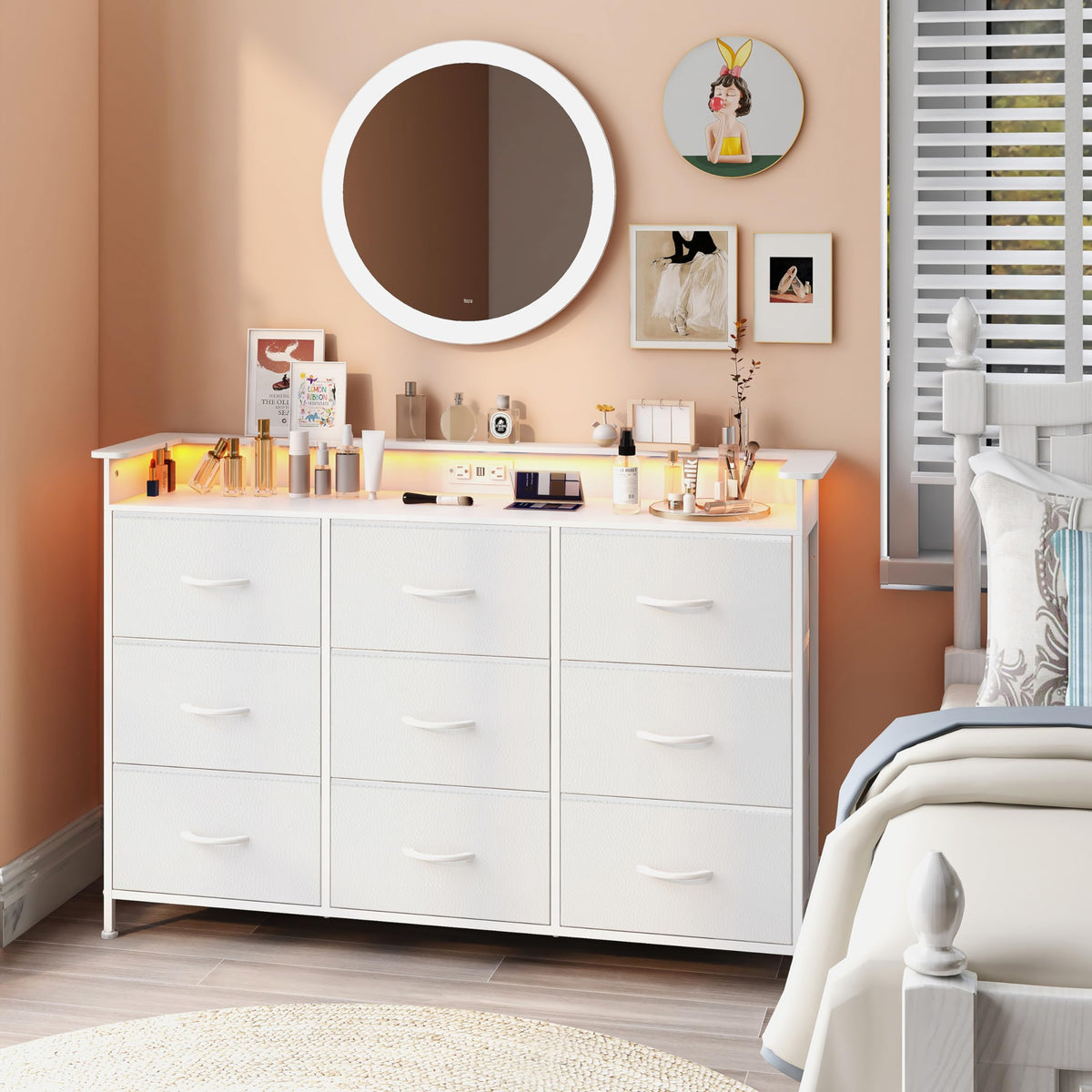 White 9 Drawer Dresser with LED Light and Charging Station Y3062