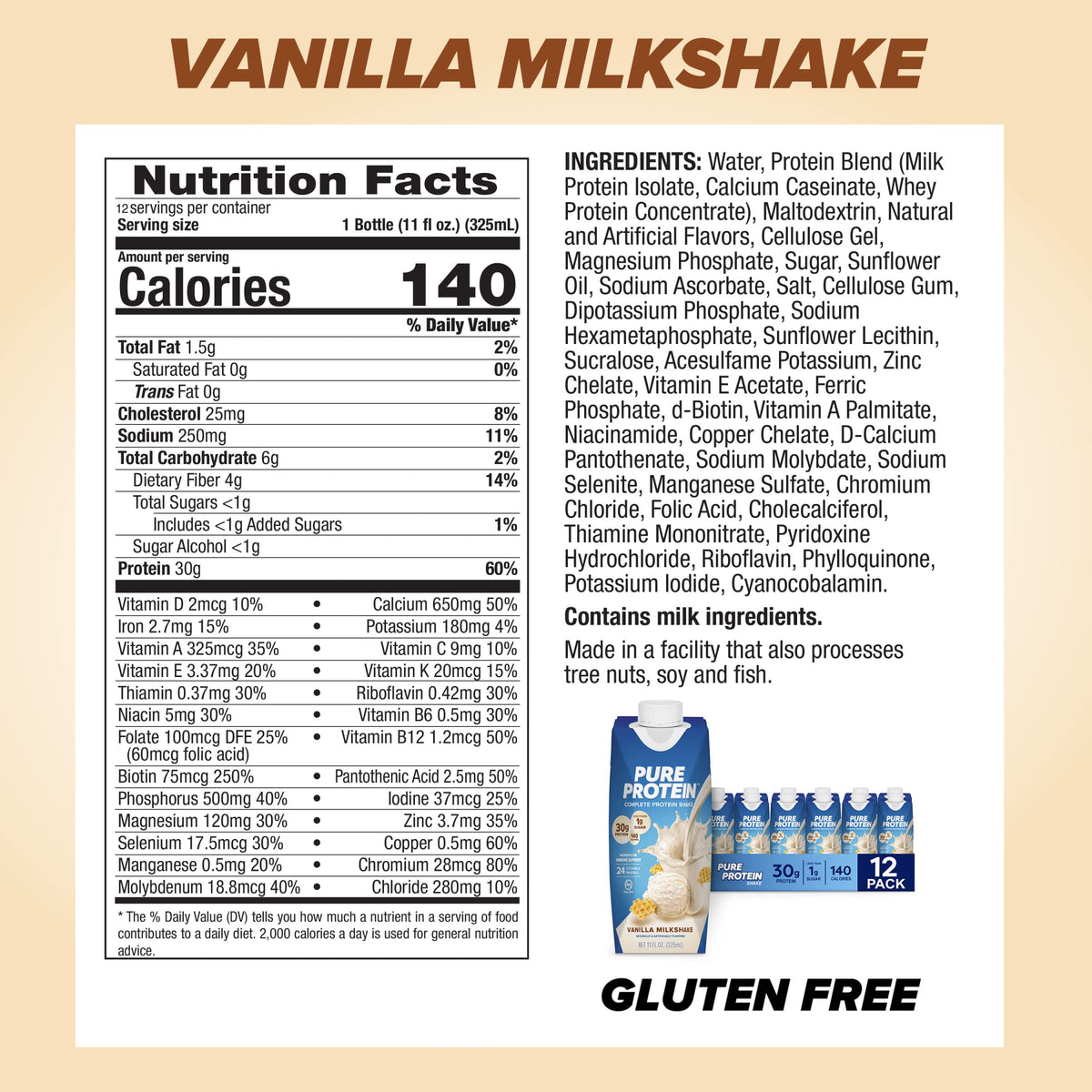 Vanilla Protein Shake, 30g Protein, Vitamins A, C, D, E, Zinc, Low Sugar, Gluten Free I802868