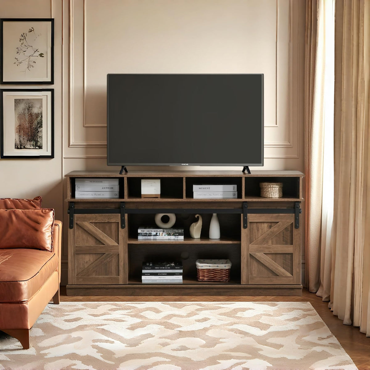 Brown TV Stand with Storage Cabinets & Sliding Barn Doors O68949