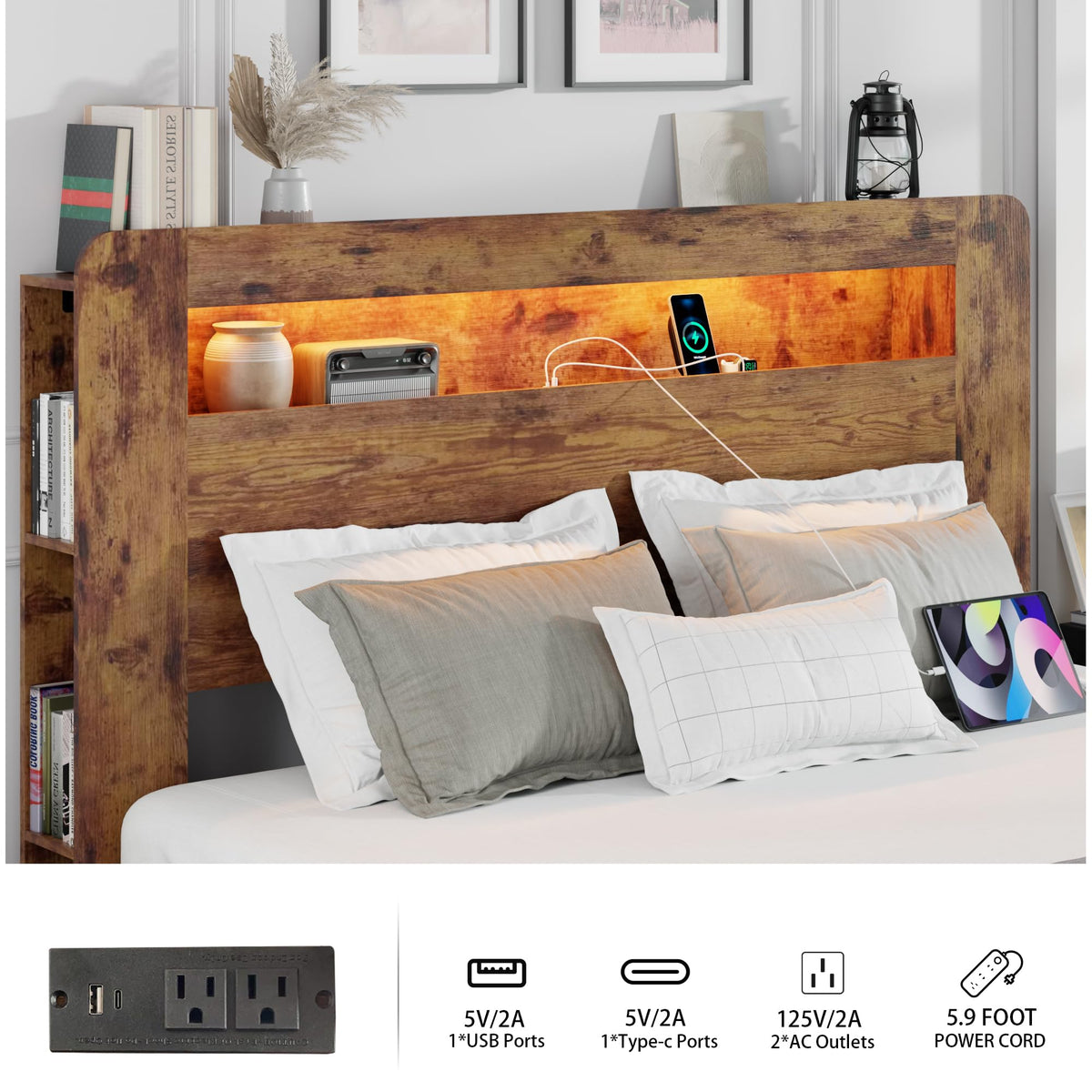 King Size Wooden Bed Frame with Storage Headboard and LED Lights D7629