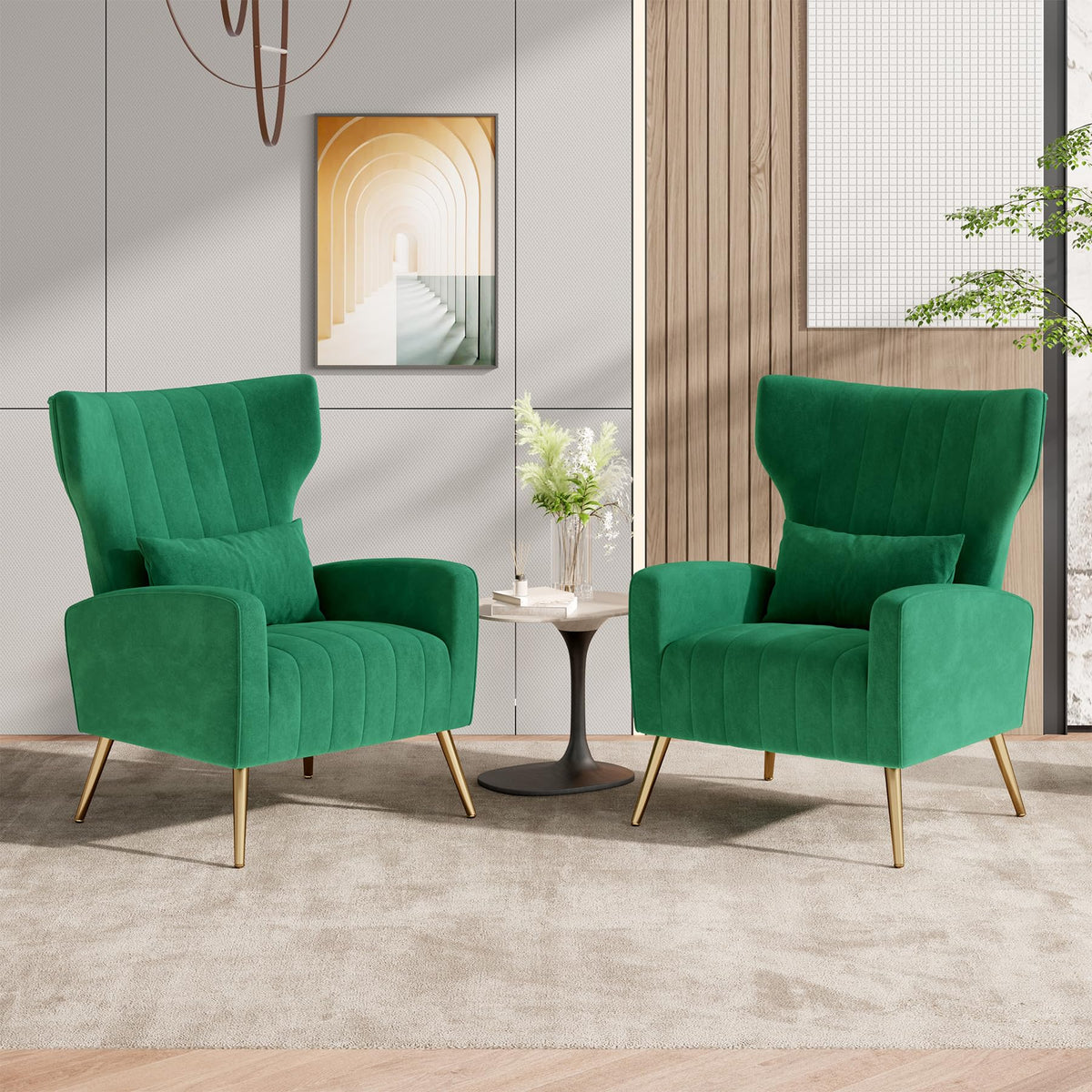 Velvet Accent Chairs Set of 2 High Back Armchair with Lumbar Pillow Green Q8917