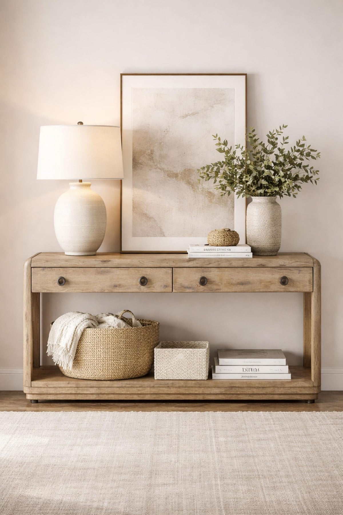 Oak Console Table with Two Drawers and Lower Shelf T4351