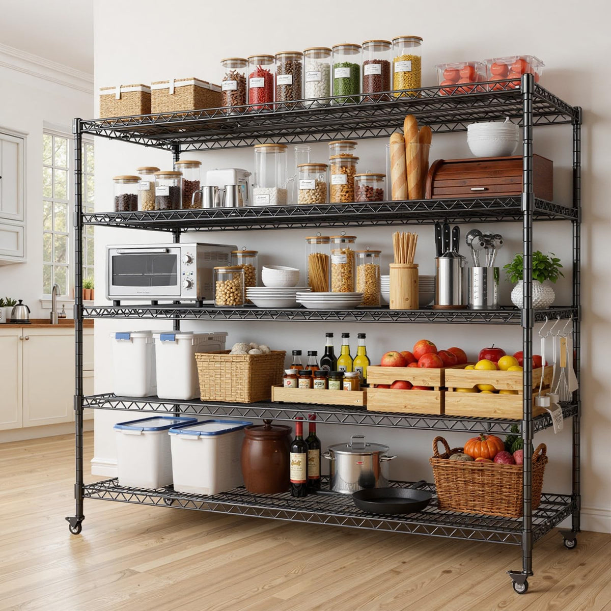 60”W 5 Tier Heavy Duty Metal Wire Shelving with Wheels Q206