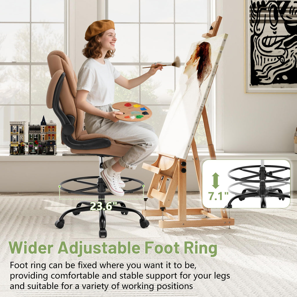 Brown High Back Upholstered Drafting Chair with Flip-up Armrests M77063