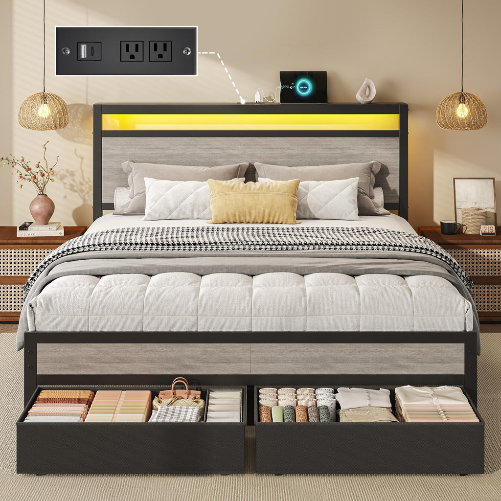 Queen Size Storage Bed Frame with Wood Headboard and LED Lights G892626