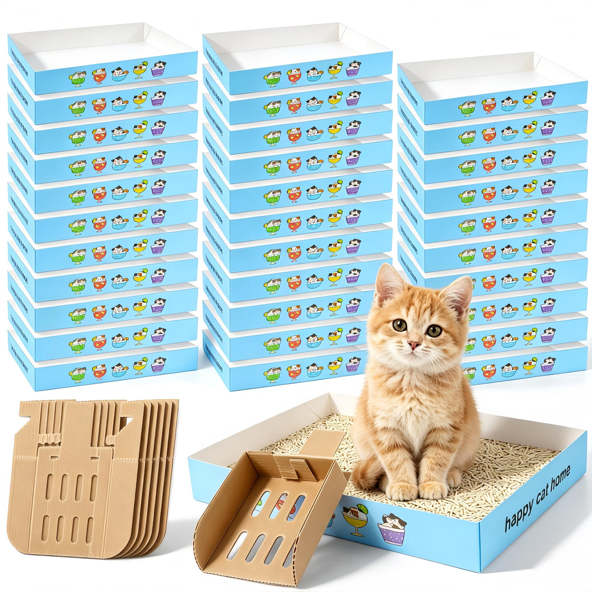32 Pack Disposable Cat Litter Box with 6 Scoops S175696