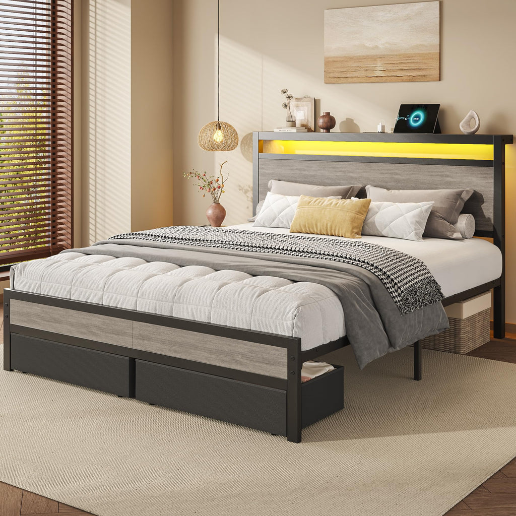 Queen Size Storage Bed Frame with Wood Headboard and LED Lights G892626
