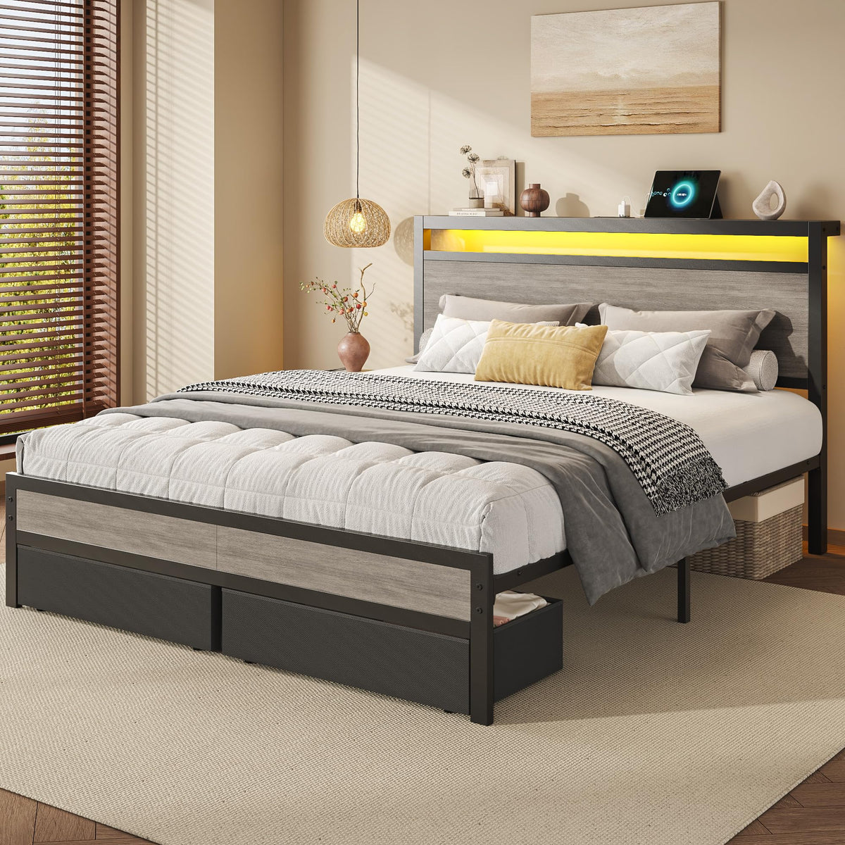 Queen Size Storage Bed Frame with Wood Headboard and LED Lights G892626