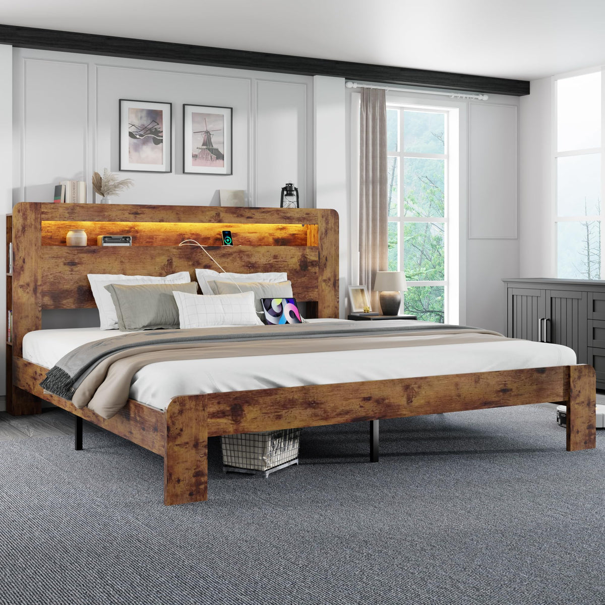 King Size Wooden Bed Frame with Storage Headboard and LED Lights D7629