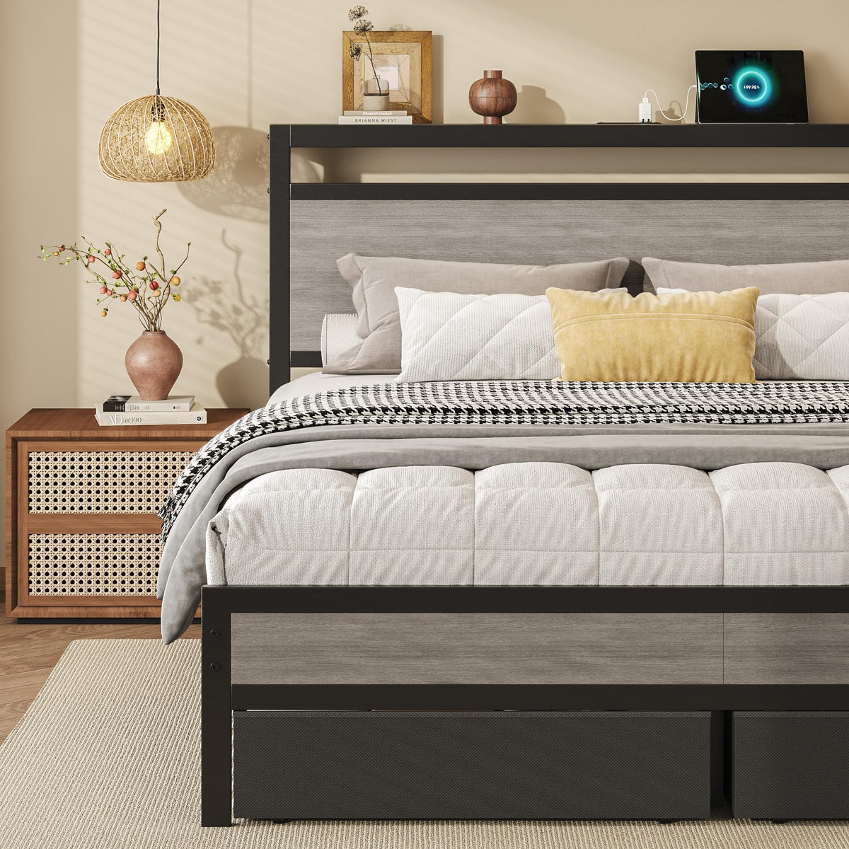 Queen Size Storage Bed Frame with Wood Headboard and LED Lights G892626