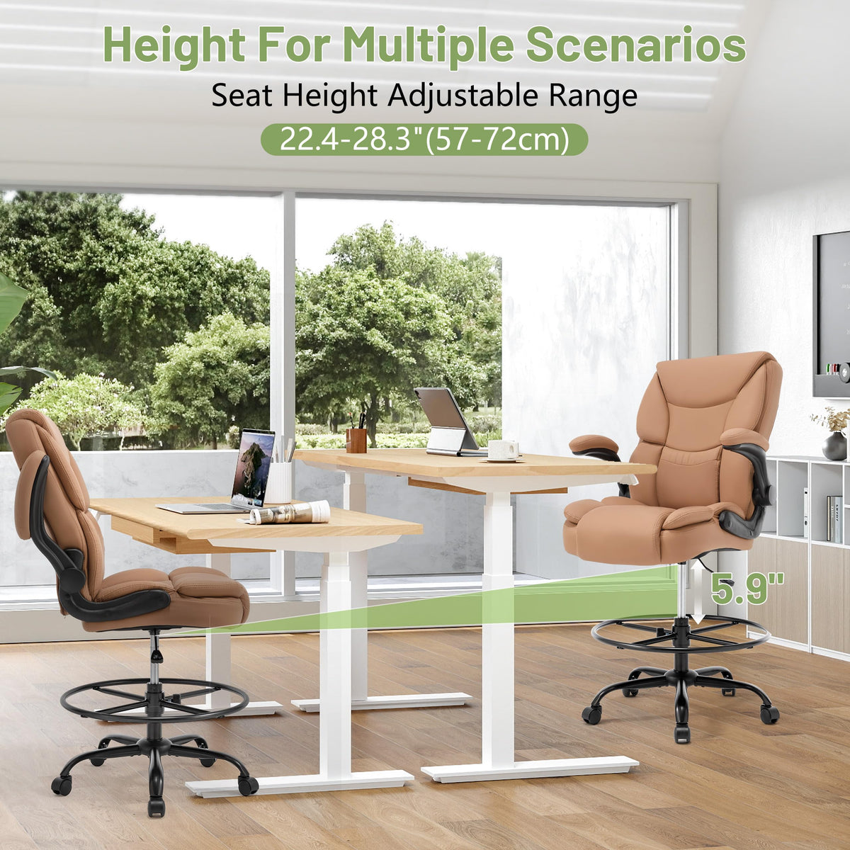 Brown High Back Upholstered Drafting Chair with Flip-up Armrests M77063