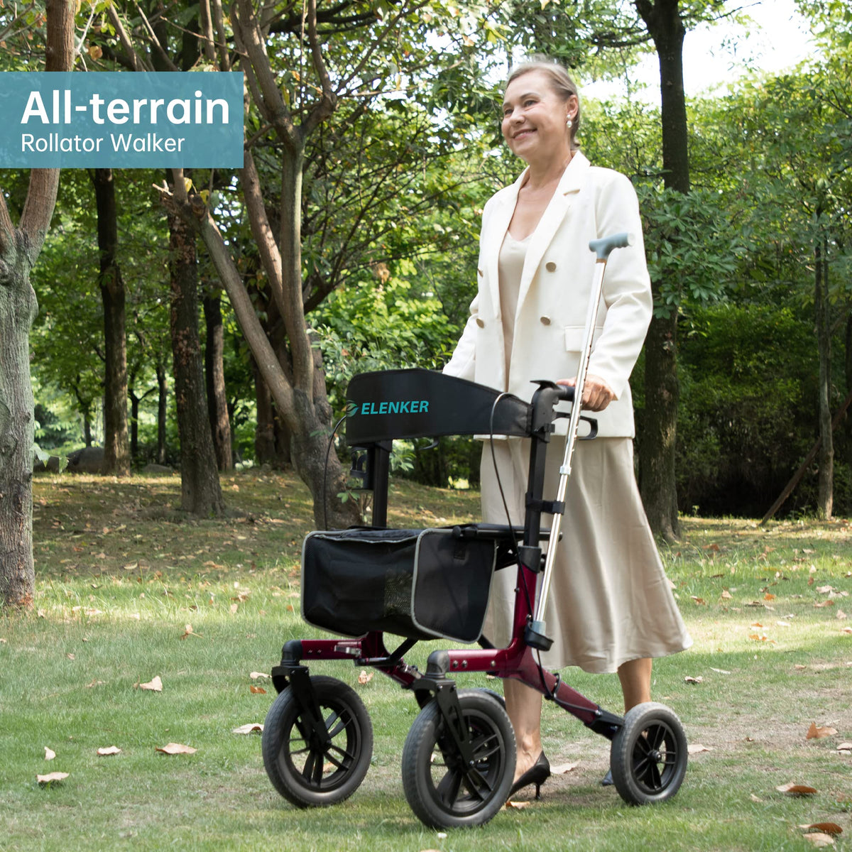 All-Terrain Rollator Walker with 12” Front Wheels, Compact Folding, Red H93587