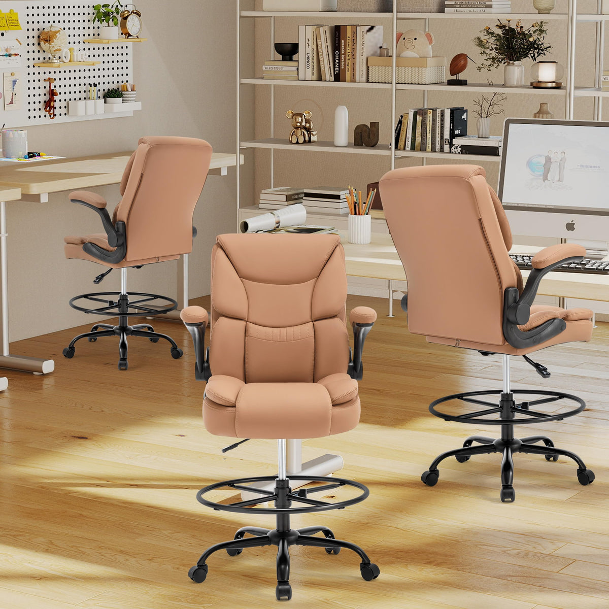 Brown High Back Upholstered Drafting Chair with Flip-up Armrests M77063