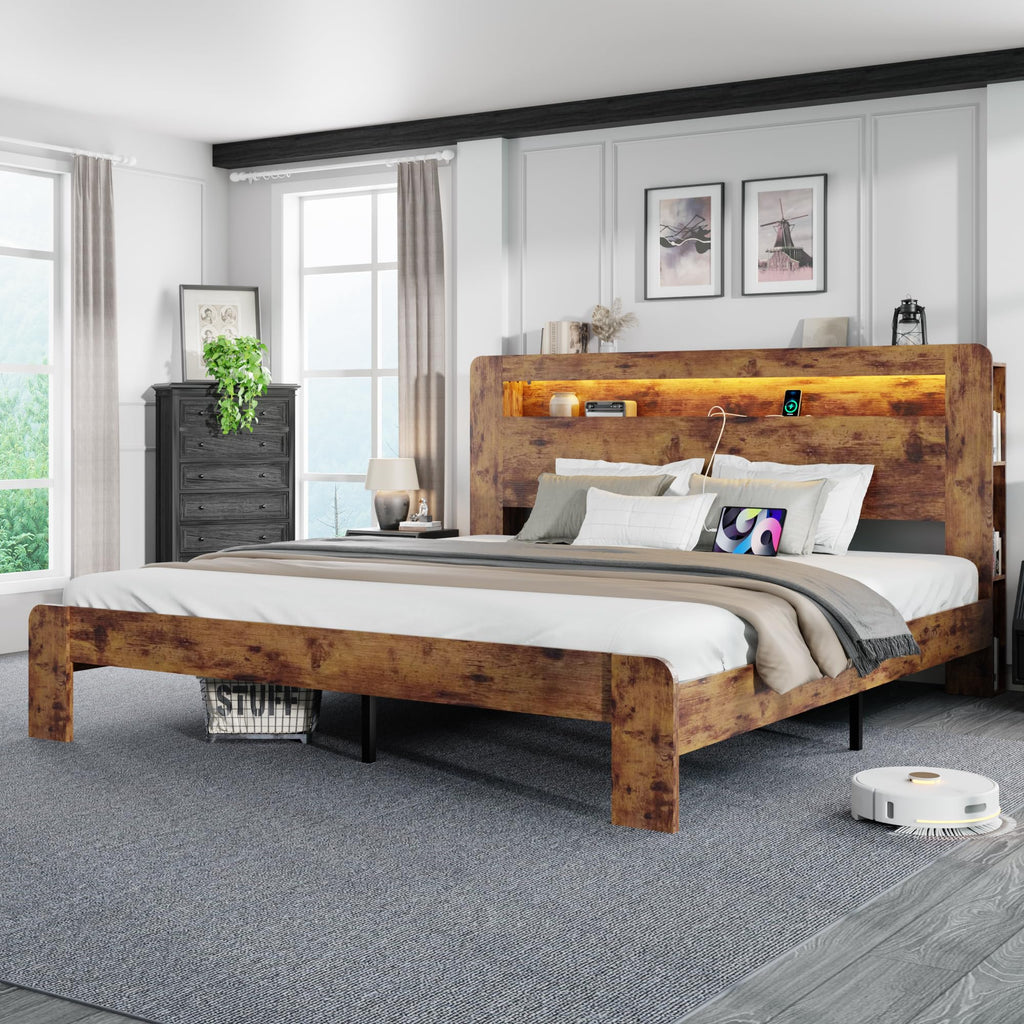 King Size Wooden Bed Frame with Storage Headboard and LED Lights D7629