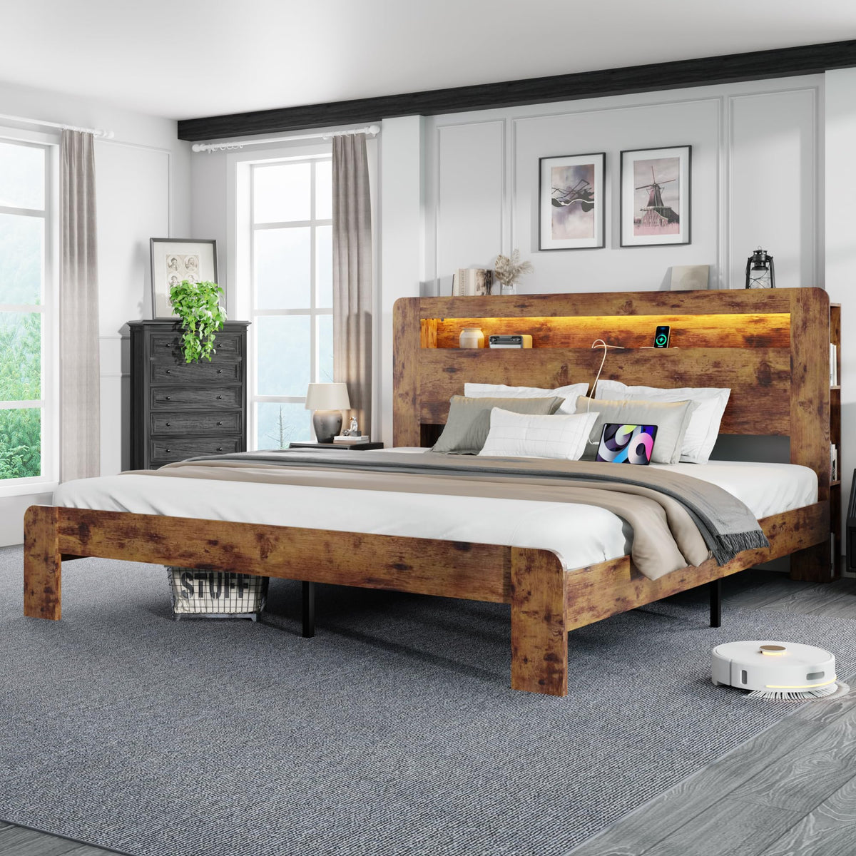 King Size Wooden Bed Frame with Storage Headboard and LED Lights D7629